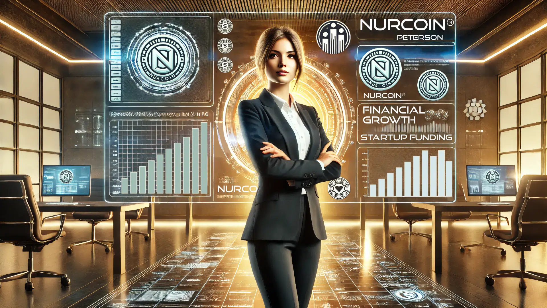 Stylized futuristic representation of Anna Peterson, an entrepreneur at NURCOIN®, specializing in financial growth, startup funding, and blockchain investments.