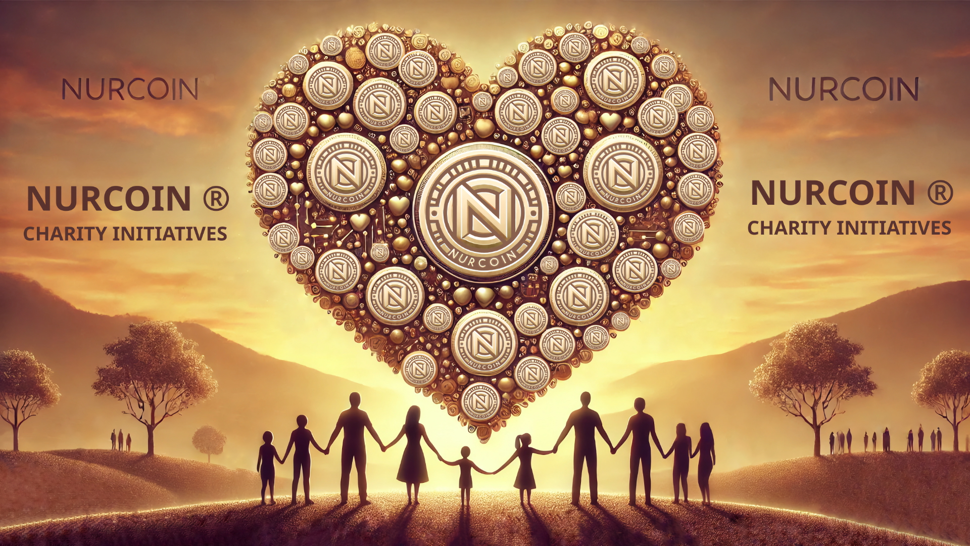 NURCOIN® Charity Initiatives – A heart-shaped formation of NURCOIN® tokens symbolizing generosity, unity, and financial support for global charitable causes.